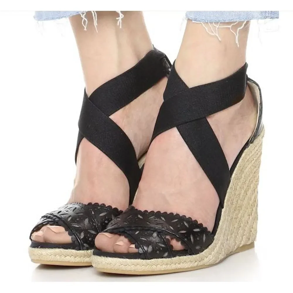 CLUB MONACO Llullo Wedge Sandals Espadrilles Size 40 Black Leather NWOB